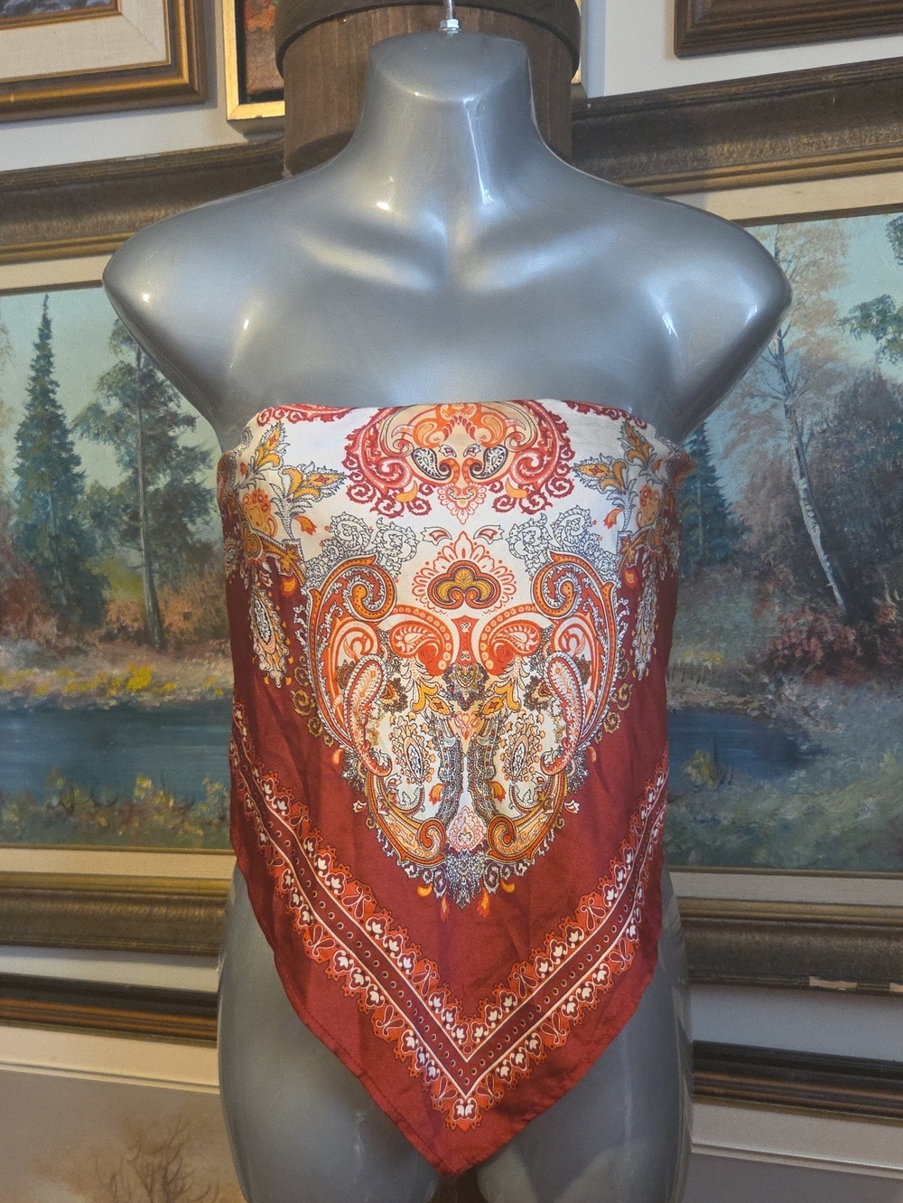 Strapless Paisley Bandana Top - Rust & White